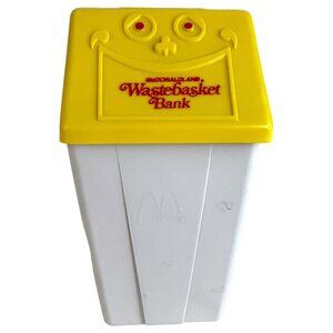 1975 McDonald's Wastebasket Coin Bank Plastic Piggy Bank Trash Can Yellow Vintag
